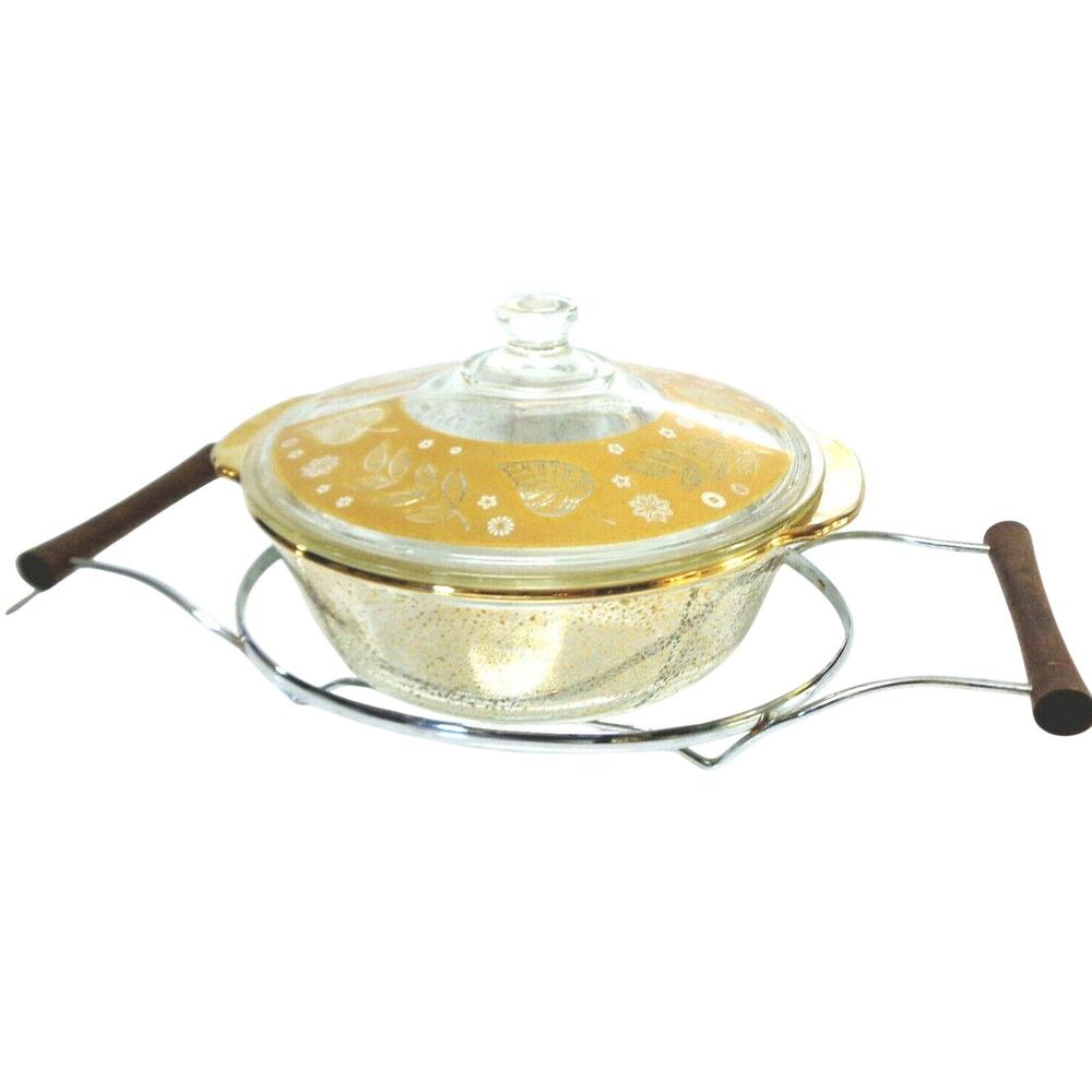 Fire King Covered Casserole Dish & Stand 2qt Mid-Century 22k Gold Leaf Glass Vtg